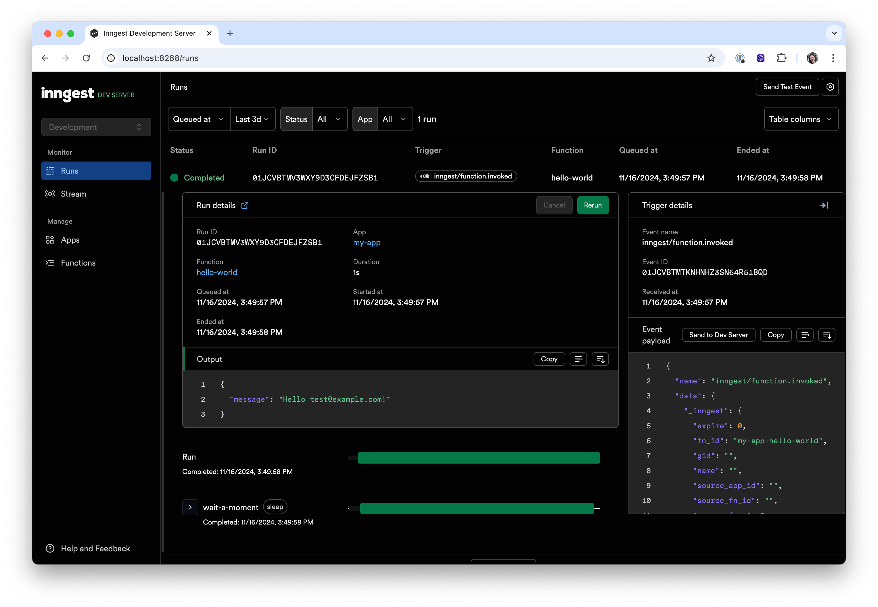 Inngest Dev Server web interface's runs tab with a single completed run expanded